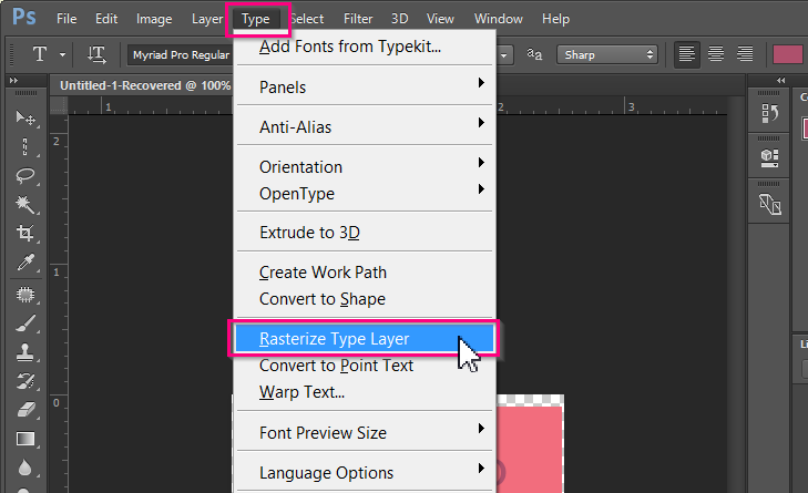 Click Type > Rasterize Type Layer in the top menu.