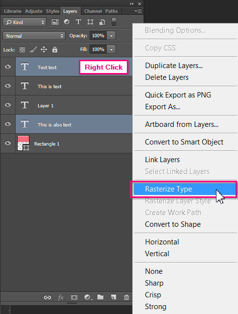 Method 2, right click after selecting the fonts in the Layer window, and click Rasterize Type.