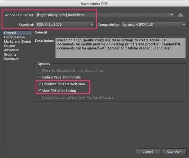 Choose PDF-X1a standard and set Preset to High Quality Print